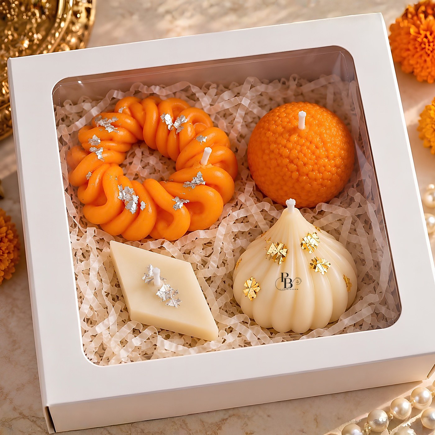 Window gift box with jalebi, ladoo, barfi and modak candles, Pack of 4, handmade soy wax, Pink Blossom bulk order