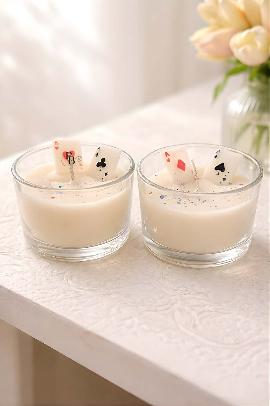 Two glass jar candles topped with playing card motifs, 120ml Murphy Jar, handmade soy wax, Pink Blossom bulk order