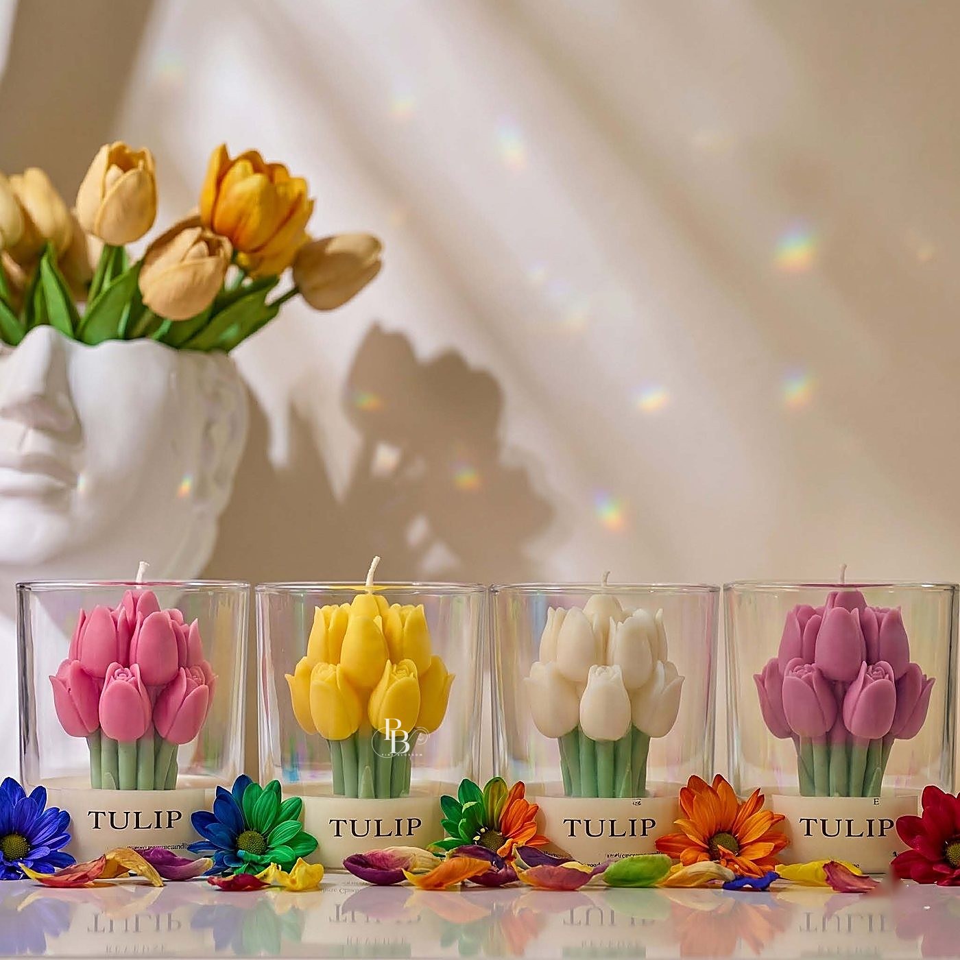 Four glass jar candles filled with tulip bouquet designs, 300ml Glass, handmade soy wax, Pink Blossom bulk order