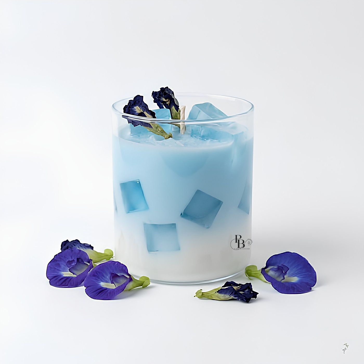 Blue ice-cube glass jar candle with butterfly pea flowers, 300ml Glass, handmade soy wax, Pink Blossom bulk order