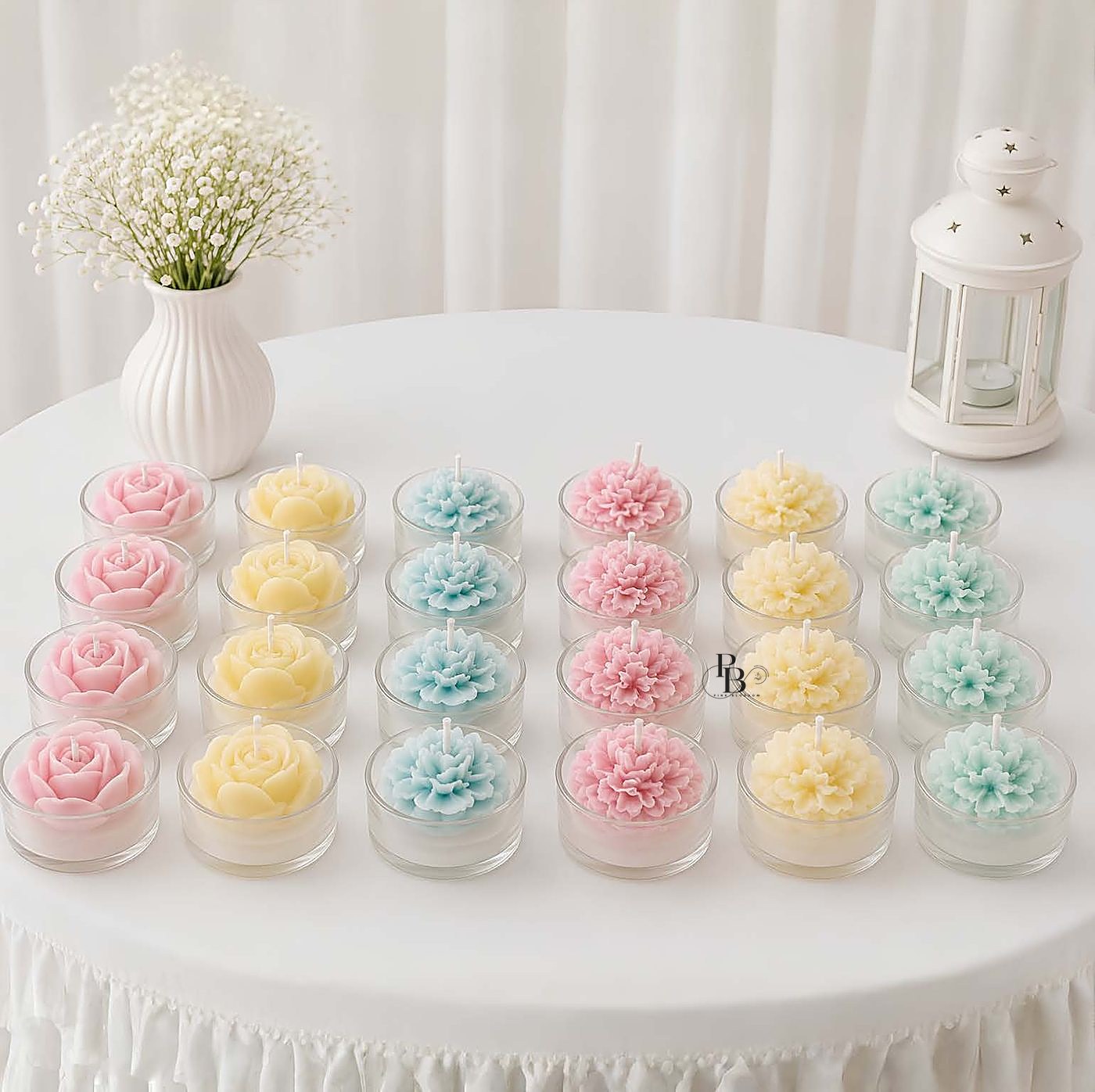 Rows of pastel floral tealight candles on a white table, handmade soy wax, Pink Blossom bulk order