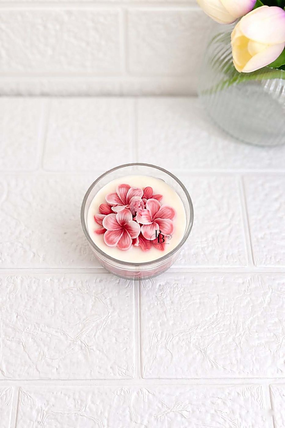Small glass jar candle topped with pink blossom flowers, 120ml Murphy Jar, handmade soy wax, Pink Blossom bulk order