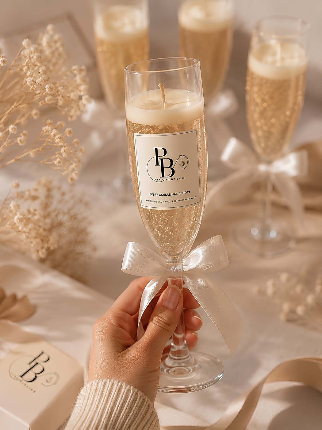 Hand holding a champagne flute candle tied with a ribbon, handmade soy wax, Pink Blossom bulk order