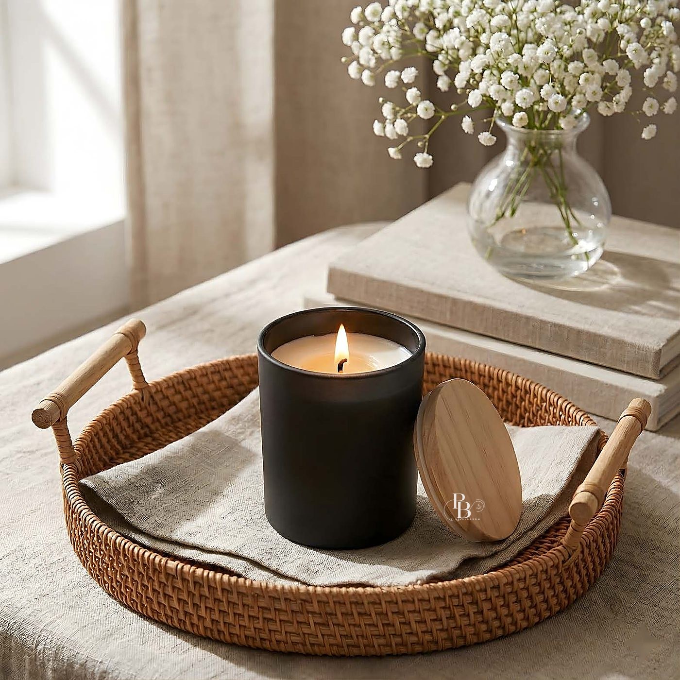 Lit black jar candle with wooden lid in a rattan tray, 220ml Foster Jar, handmade soy wax, Pink Blossom bulk order